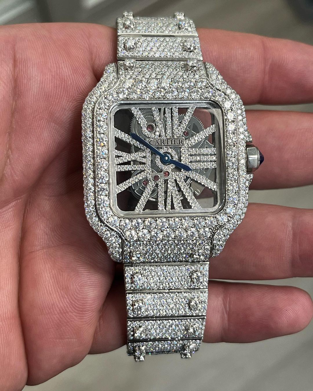GRA Certified VVS Moissanite Watch | 41mm Cartier Skeleton with raised solitaire prongs on Band | Swiss Movement Automatic Watch |Fully Bustdown Stainless Steel Watch