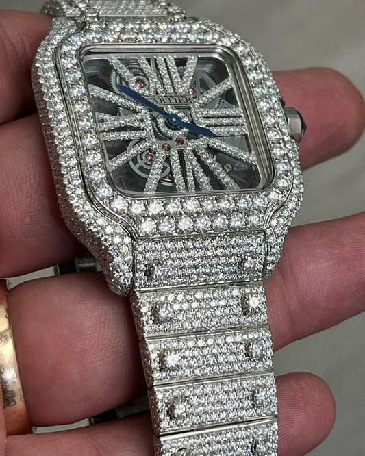 GRA Certified VVS Moissanite Watch | 41mm Cartier Skeleton with raised solitaire prongs on Band | Swiss Movement Automatic Watch |Fully Bustdown Stainless Steel Watch