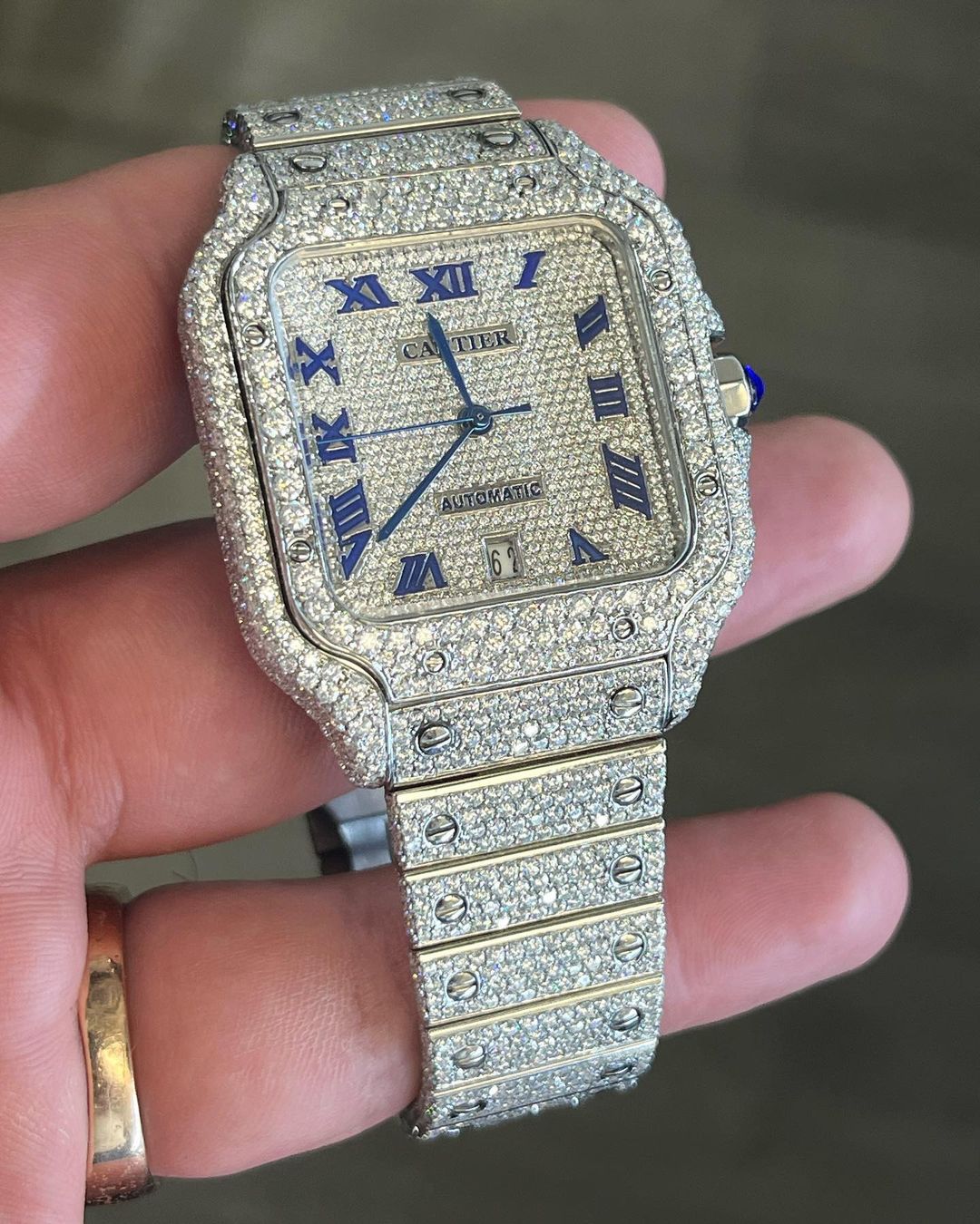 GRA Certified VVS Moissanite Watch | 41mm Cartier Santos with Blue Roman Number Dial | Swiss Movement Automatic Watch |Fully Bustdown Stainless Steel Watch