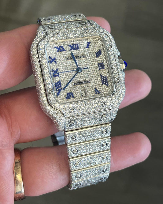 GRA Certified VVS Moissanite Watch | 41mm Cartier Santos with Blue Roman Number Dial | Swiss Movement Automatic Watch |Fully Bustdown Stainless Steel Watch