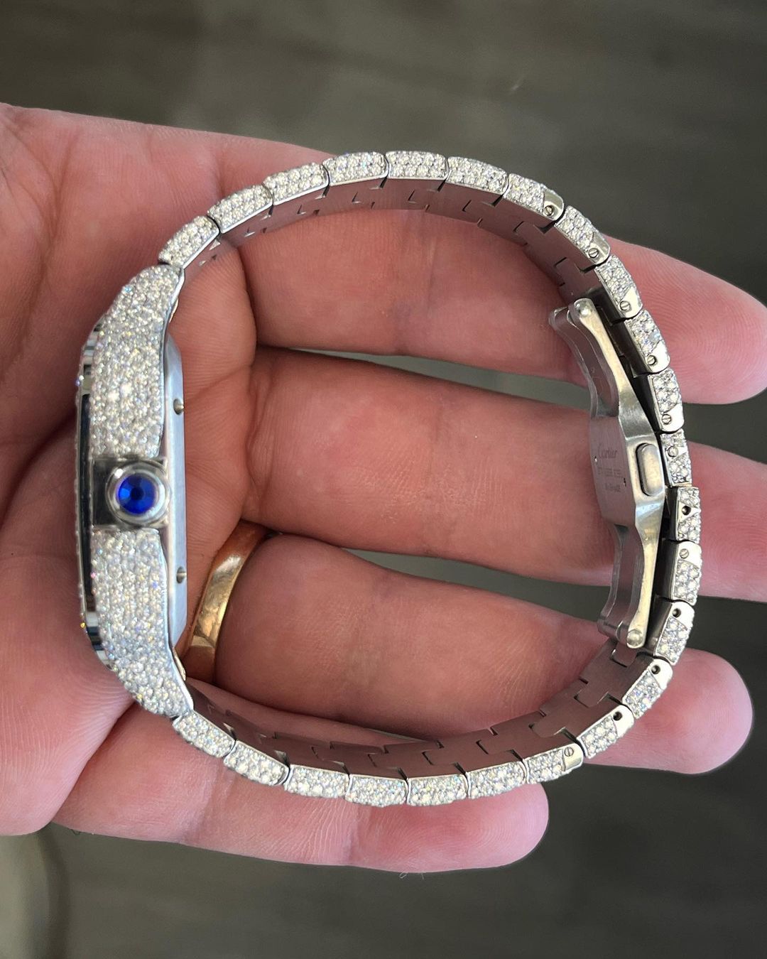 GRA Certified VVS Moissanite Watch | 41mm Cartier Santos with Blue Roman Number Dial | Swiss Movement Automatic Watch |Fully Bustdown Stainless Steel Watch