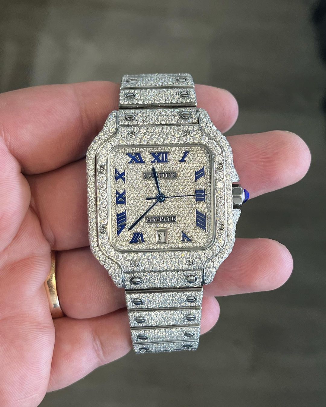 GRA Certified VVS Moissanite Watch | 41mm Cartier Santos with Blue Roman Number Dial | Swiss Movement Automatic Watch |Fully Bustdown Stainless Steel Watch