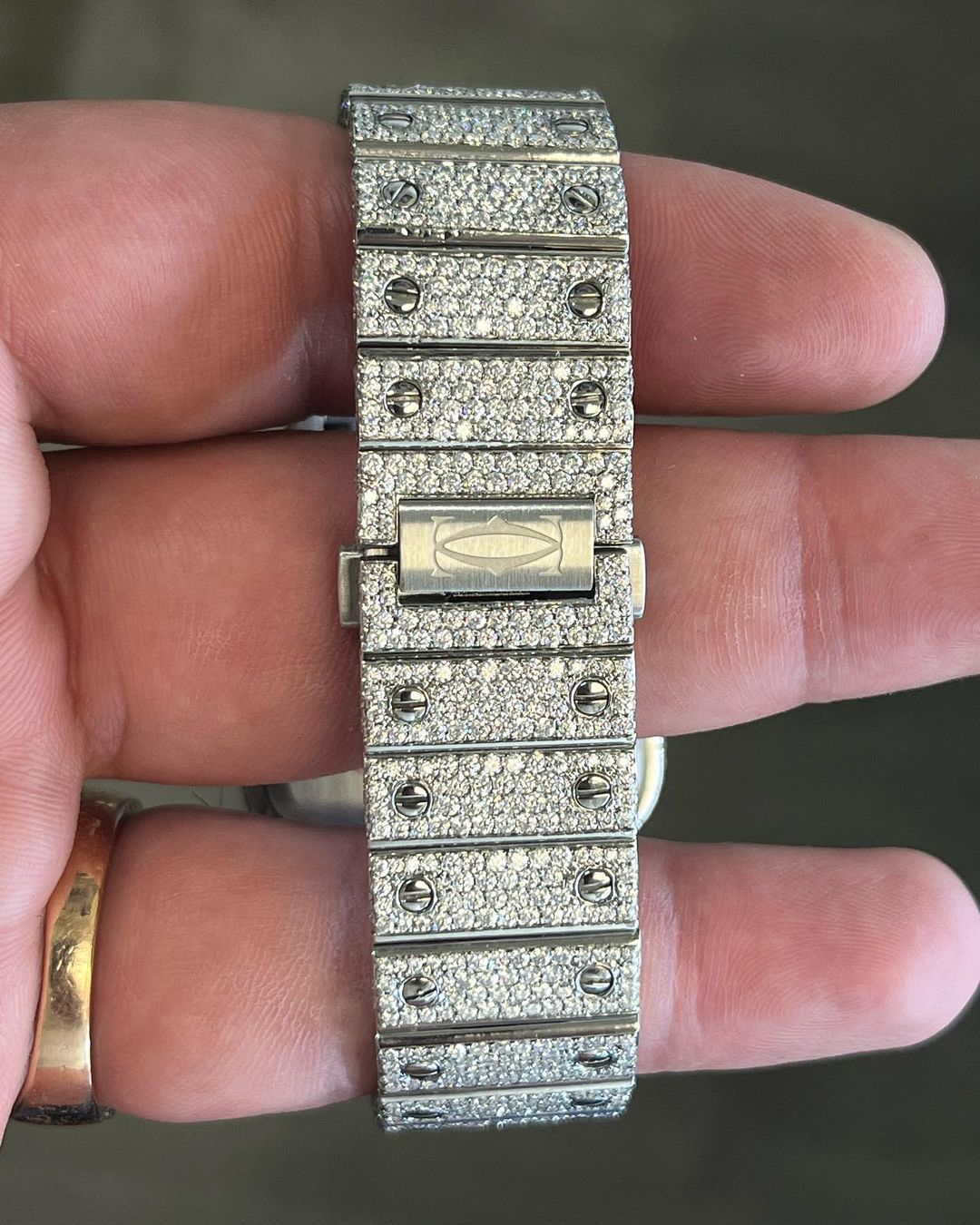 GRA Certified VVS Moissanite Watch | 41mm Cartier Santos with Blue Roman Number Dial | Swiss Movement Automatic Watch |Fully Bustdown Stainless Steel Watch