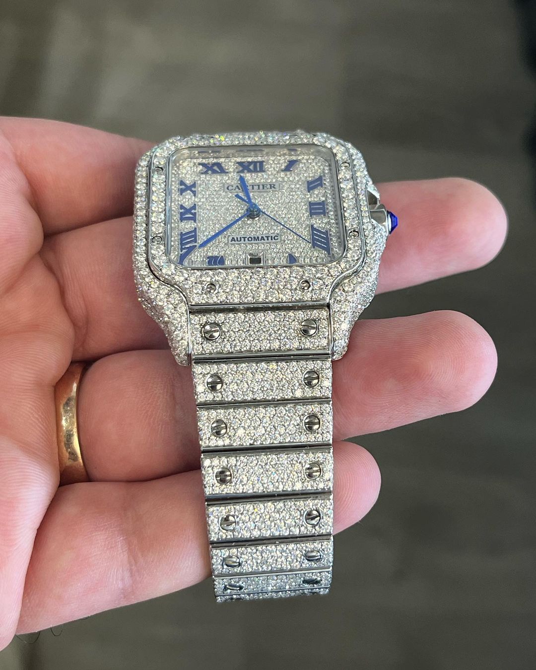 GRA Certified VVS Moissanite Watch | 41mm Cartier Santos with Blue Roman Number Dial | Swiss Movement Automatic Watch |Fully Bustdown Stainless Steel Watch